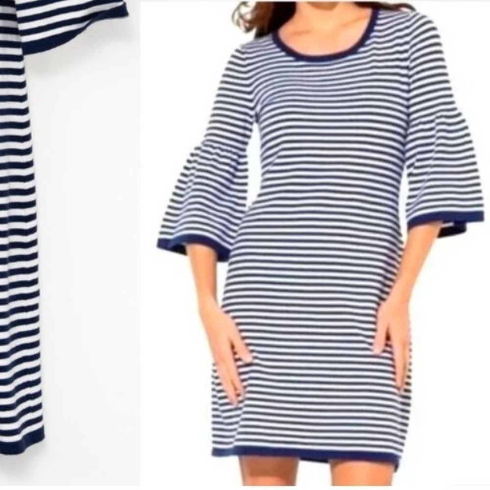 Sail To Sable Dress Stripe Bell Sleeve Knit Preppy Summer Navy White Size Medium